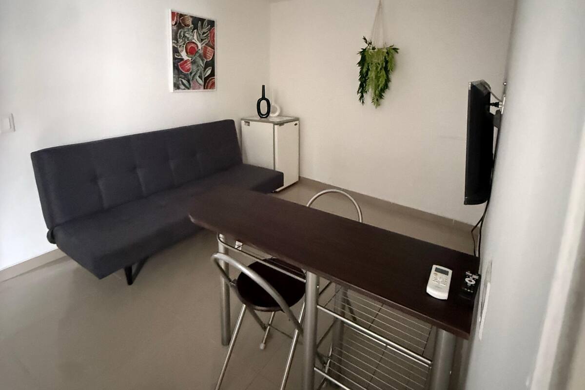 A small, modern room with a dark brown dining table, a black sofa, a small white cabinet, a hanging plant, and a mounted television.