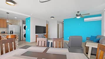 Smart TV, foosball, table tennis, books