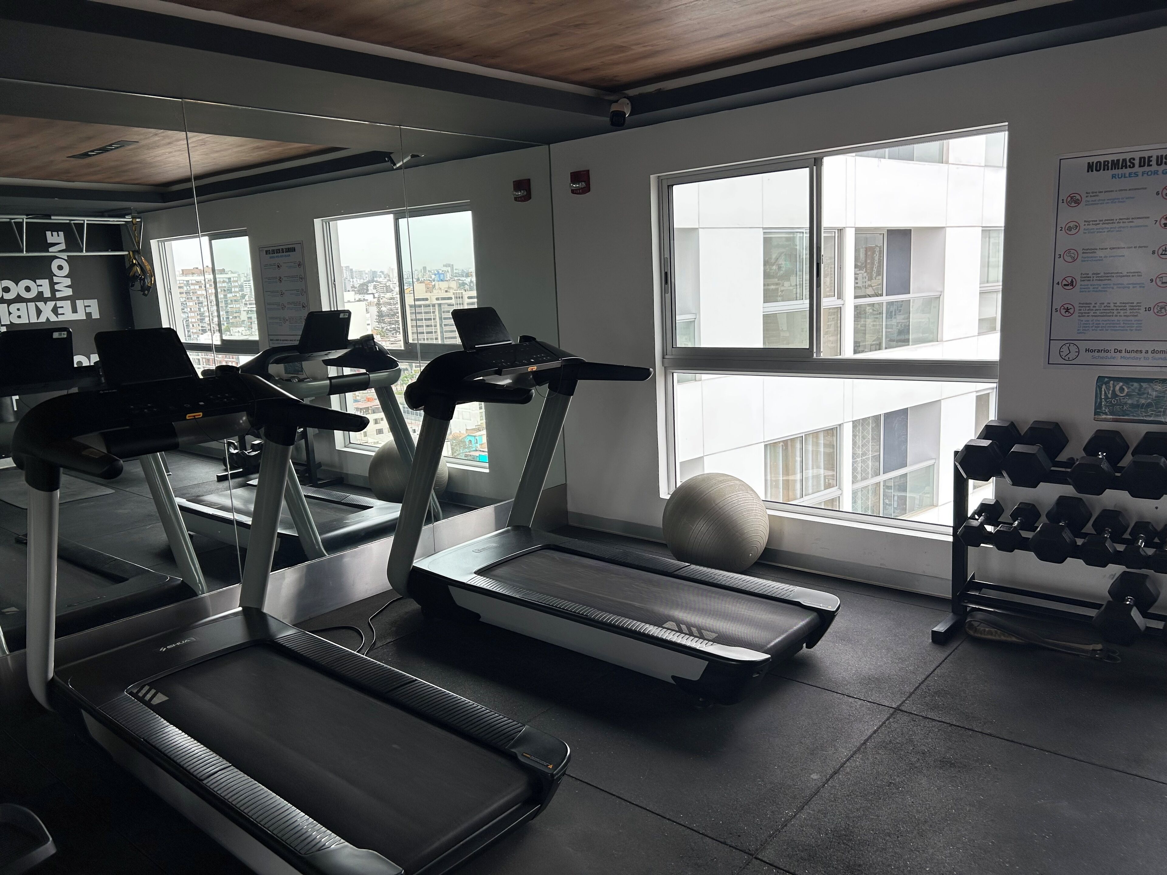 A gym with treadmills, dumbbells, and a large window with a city view.