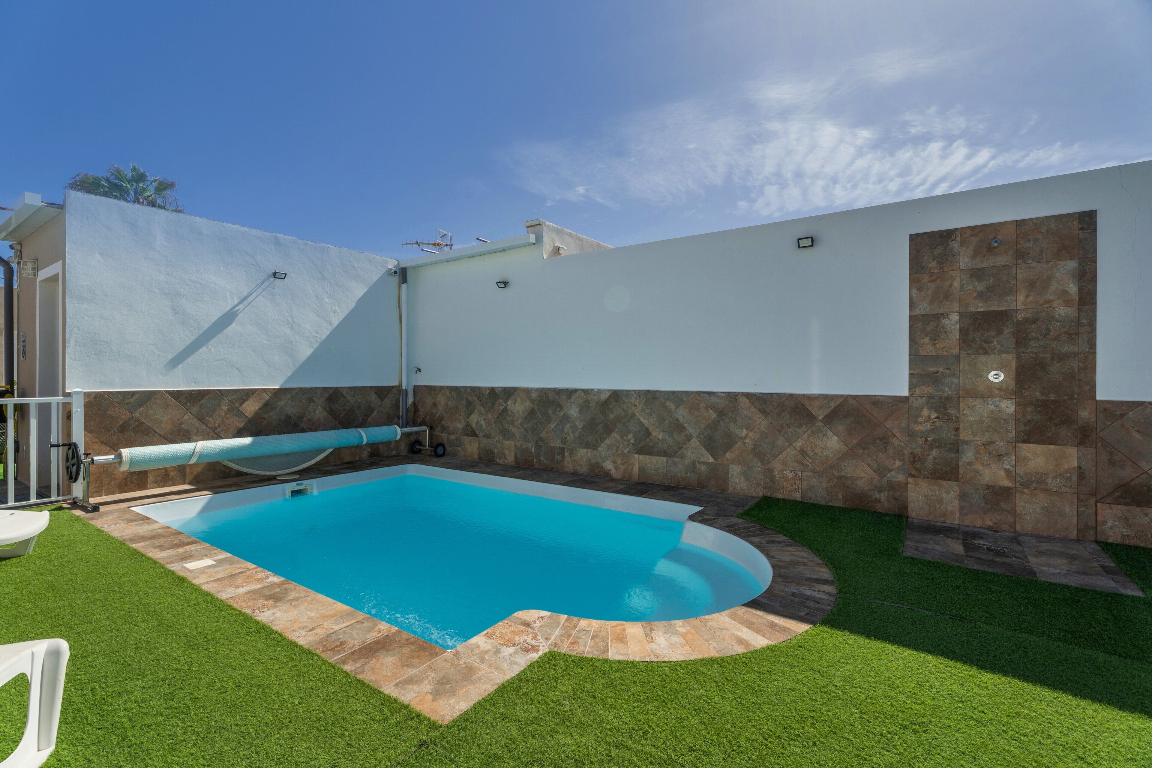 Ein Pool mit gewölbter Kante, umgeben von Kunstrasen und Steinplatten.