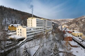 Un immeuble à plusieurs étages, doté d’un couloir central et d’une grande section vitrée, entouré d’arbres couverts de neige et avec un paysage montagneux en arrière-plan.