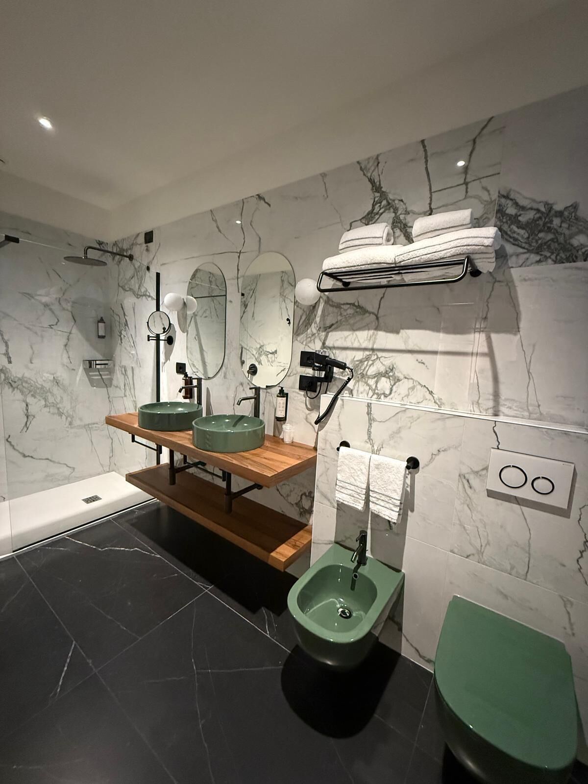 Hair dryer, towels, soap, shampoo