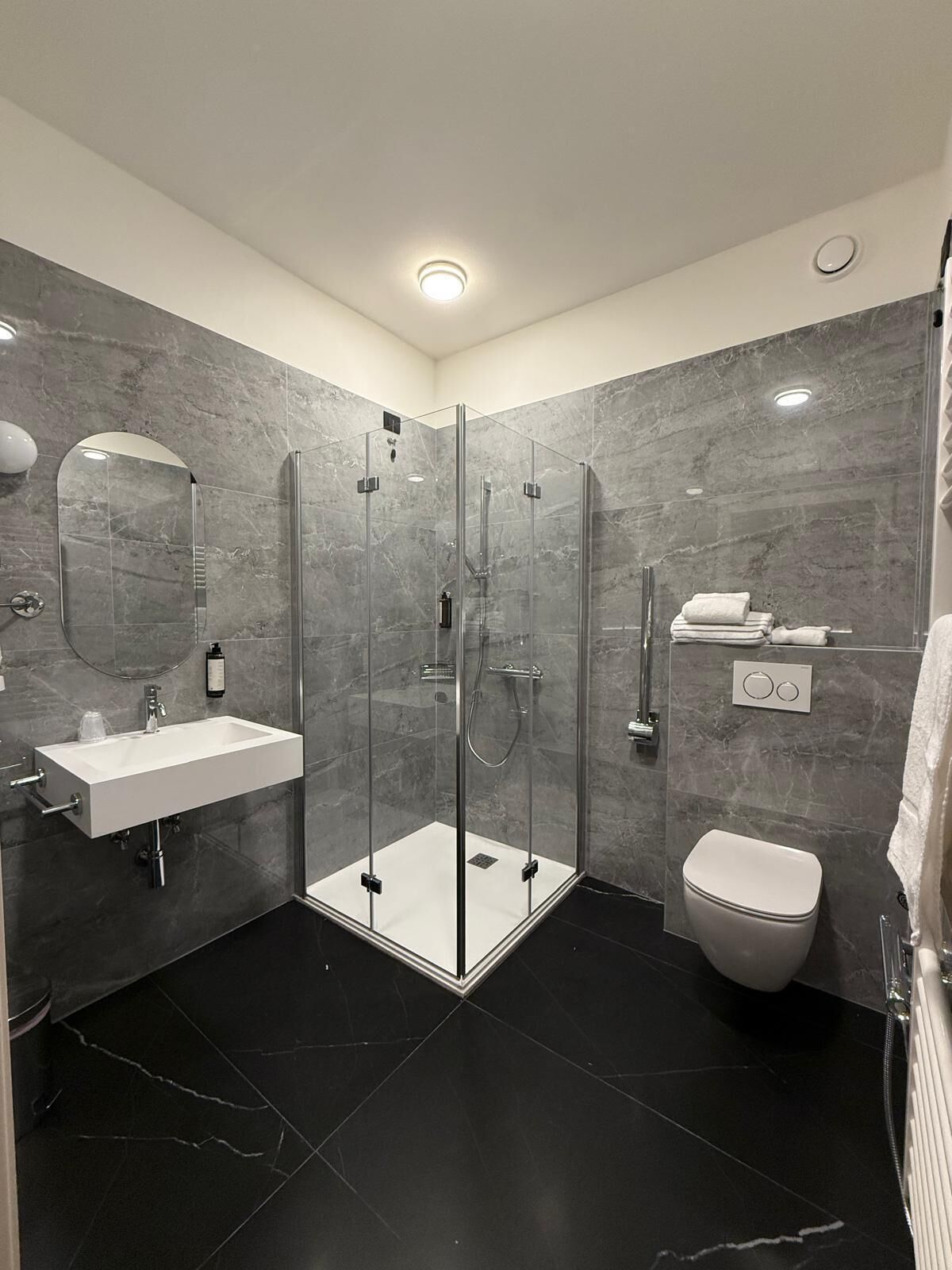 A modern bathroom with a glass-enclosed shower, a white sink, and a toilet.