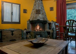 Un intérieur rustique avec une cheminée en pierre, des meubles en bois et une fenêtre agrémentée de rideaux.