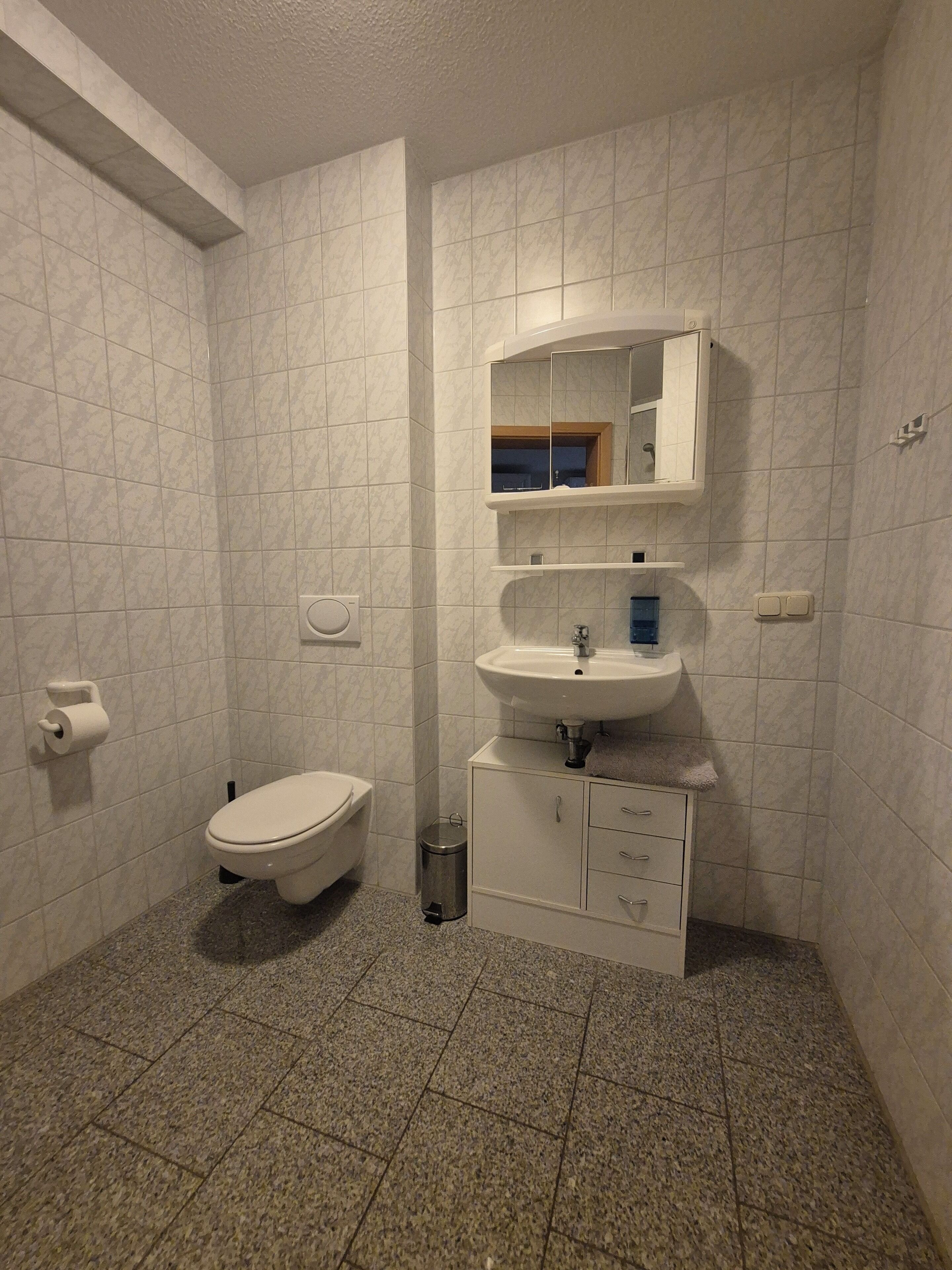 Ein Badezimmer mit Toilette, Waschbecken und Spiegel.
