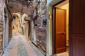 A narrow stone corridor with a wooden door and a brick pathway.