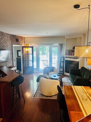 Smart TV, fireplace, books, video library