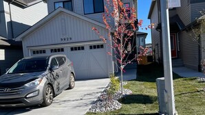 A residential driveway with a parked car, a garage, and a small tree with autumn leaves. - Welcome to Sunny’s Homes! This spacious upper-level unit in West Edmonton. (Edmonton)