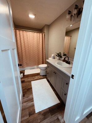 Shower, towels, soap, toilet paper