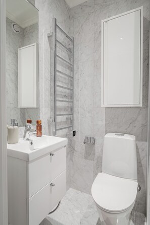 Regadera, secadora de cabello, toallas, jabón