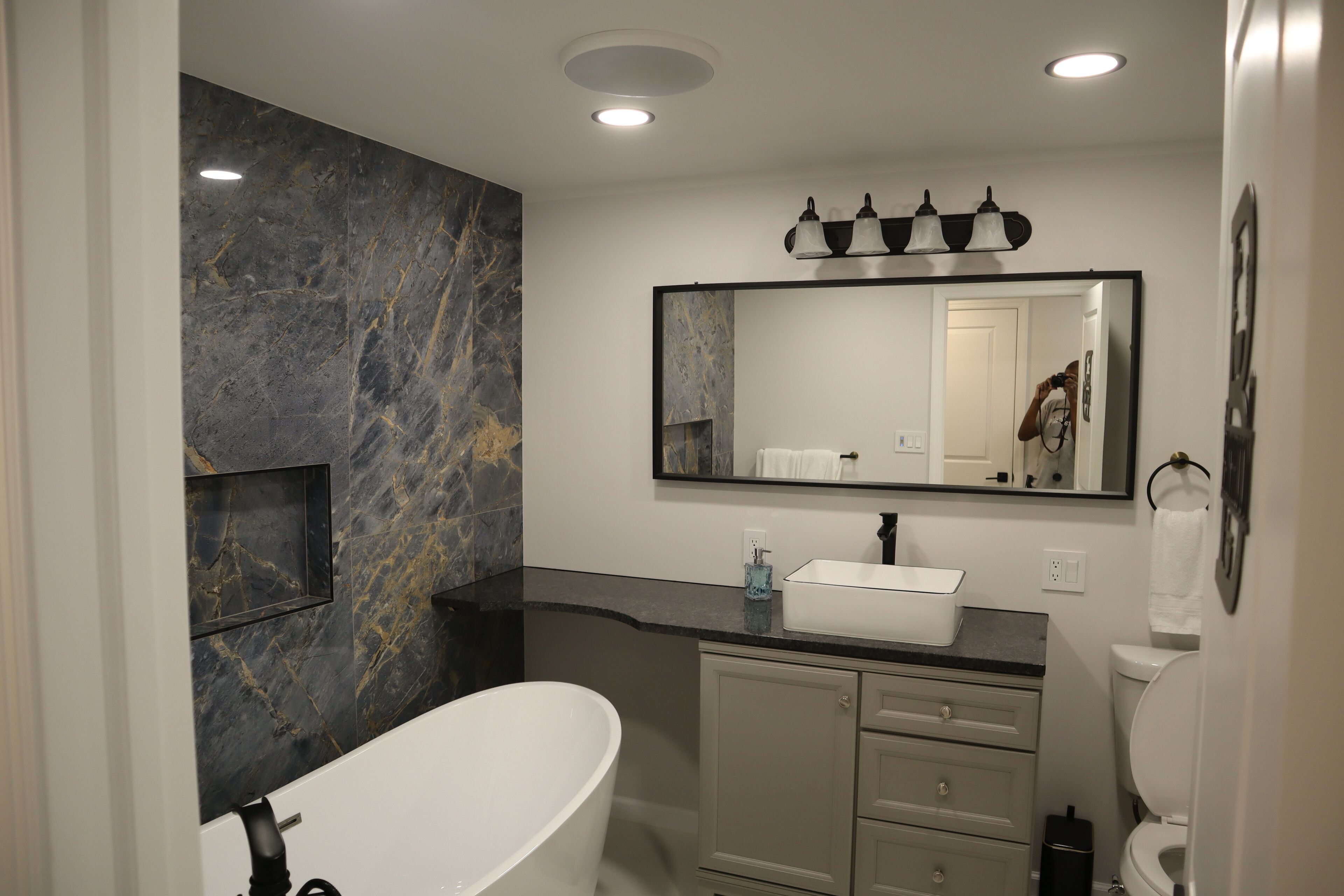 Shower, jetted bath, towels, soap