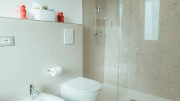 Douche, sĂšche-cheveux, bidet, serviettes fournies