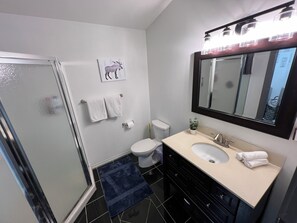 Un bagno con box doccia in vetro, un water, un lavandino con specchio e un porta asciugamani con due asciugamani.
