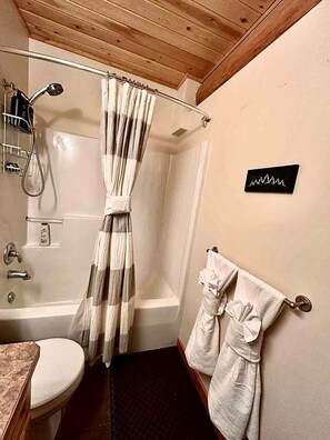 Une salle de bain équipée d’une douche, de toilettes et d’un porte-serviettes.