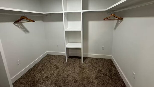 Ein Schrank mit einer weißen Regaleinheit, zwei Holzhängern und einem Teppichboden.
