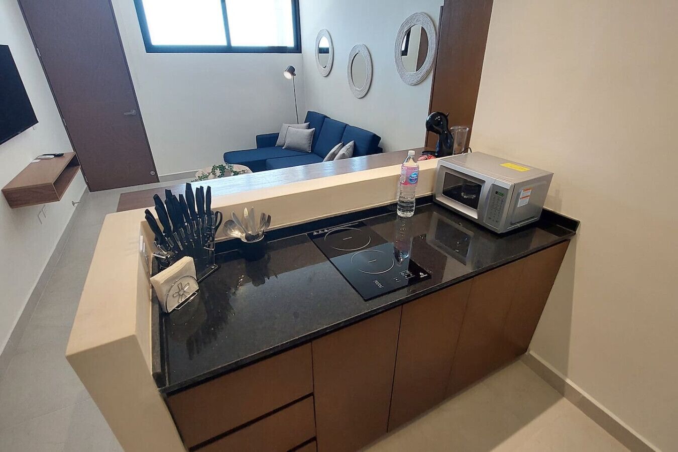 Fridge, microwave, stovetop, coffee/tea maker