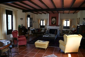 Una televisión, una chimenea