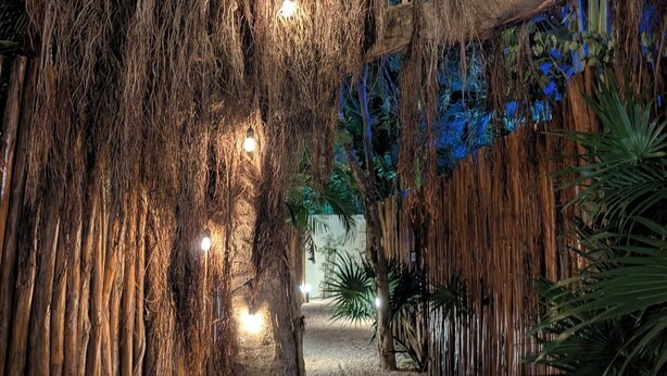 A pathway surrounded by artificial trees with hanging roots and lights, leading to a structure in the background. - Luxury 4 Bedroom Villa, Private Pool Near to restaurants, cafes, bars & beach! (Tulum)