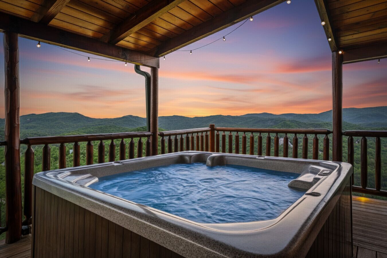 Un bain à remous sur une terrasse en bois, avec vue sur les montagnes et un coucher de soleil.