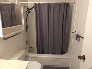 Shower, hair dryer, towels, shampoo