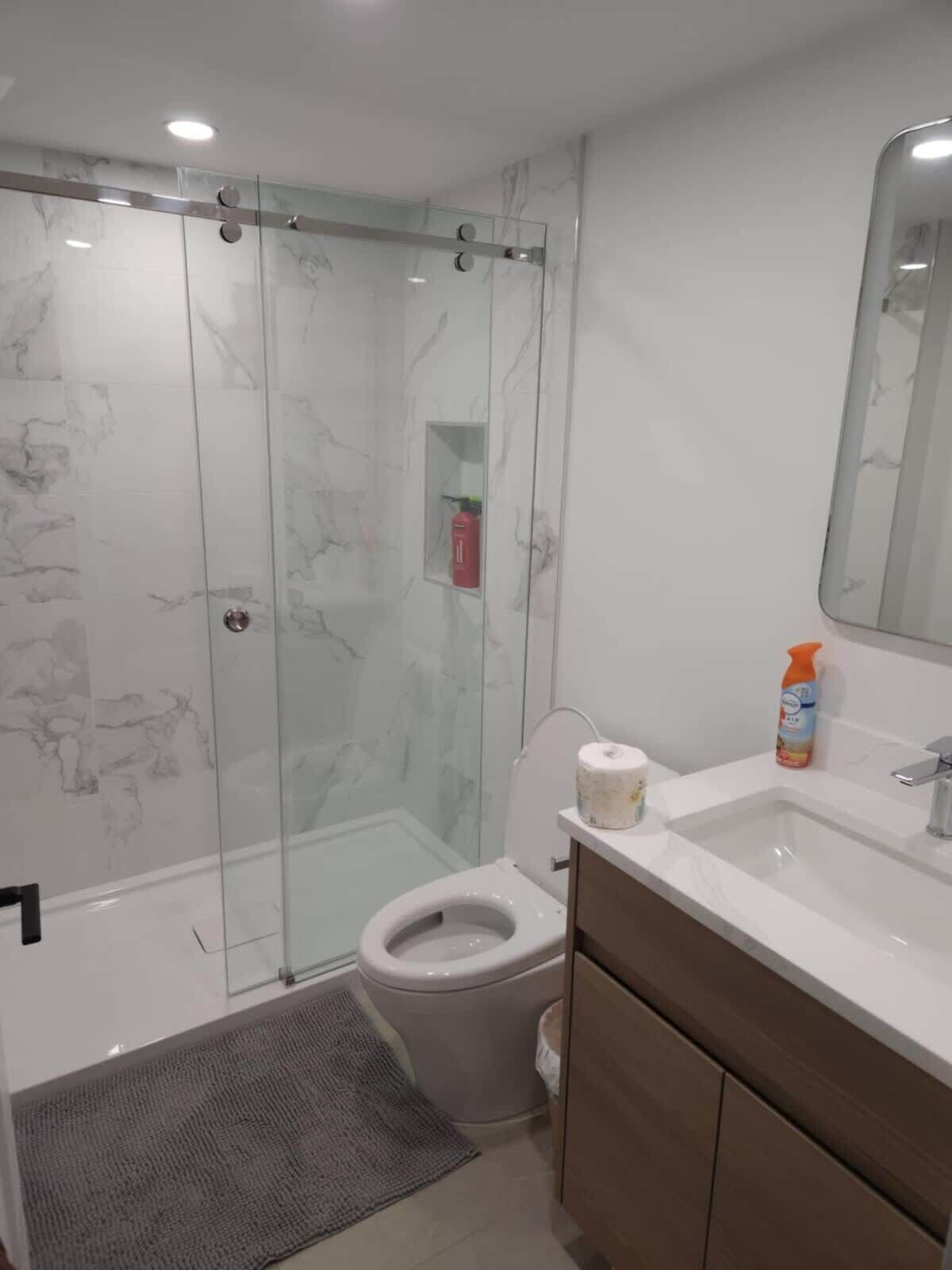 Shower, hair dryer, towels