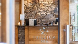 Zona de recepción del Trillium Spa, con un muro de piedra y un mostrador de madera.