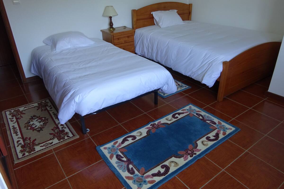 A room with two single beds, a nightstand with a lamp, and two patterned rugs on the floor.