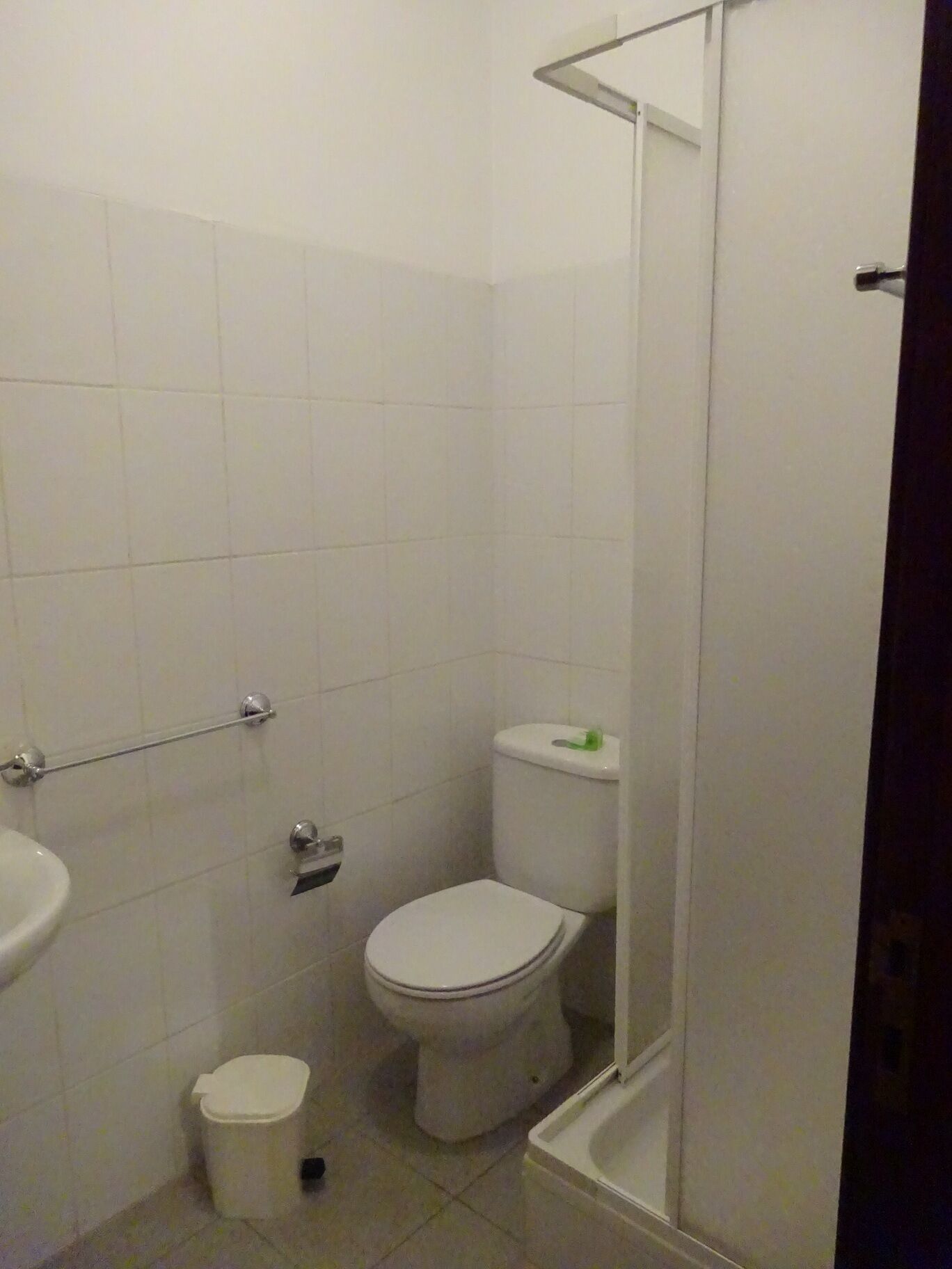 A small, clean bathroom with a toilet, bidet, and a shower area.