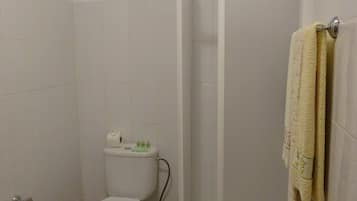 Un baño con inodoro, ducha y toallero.