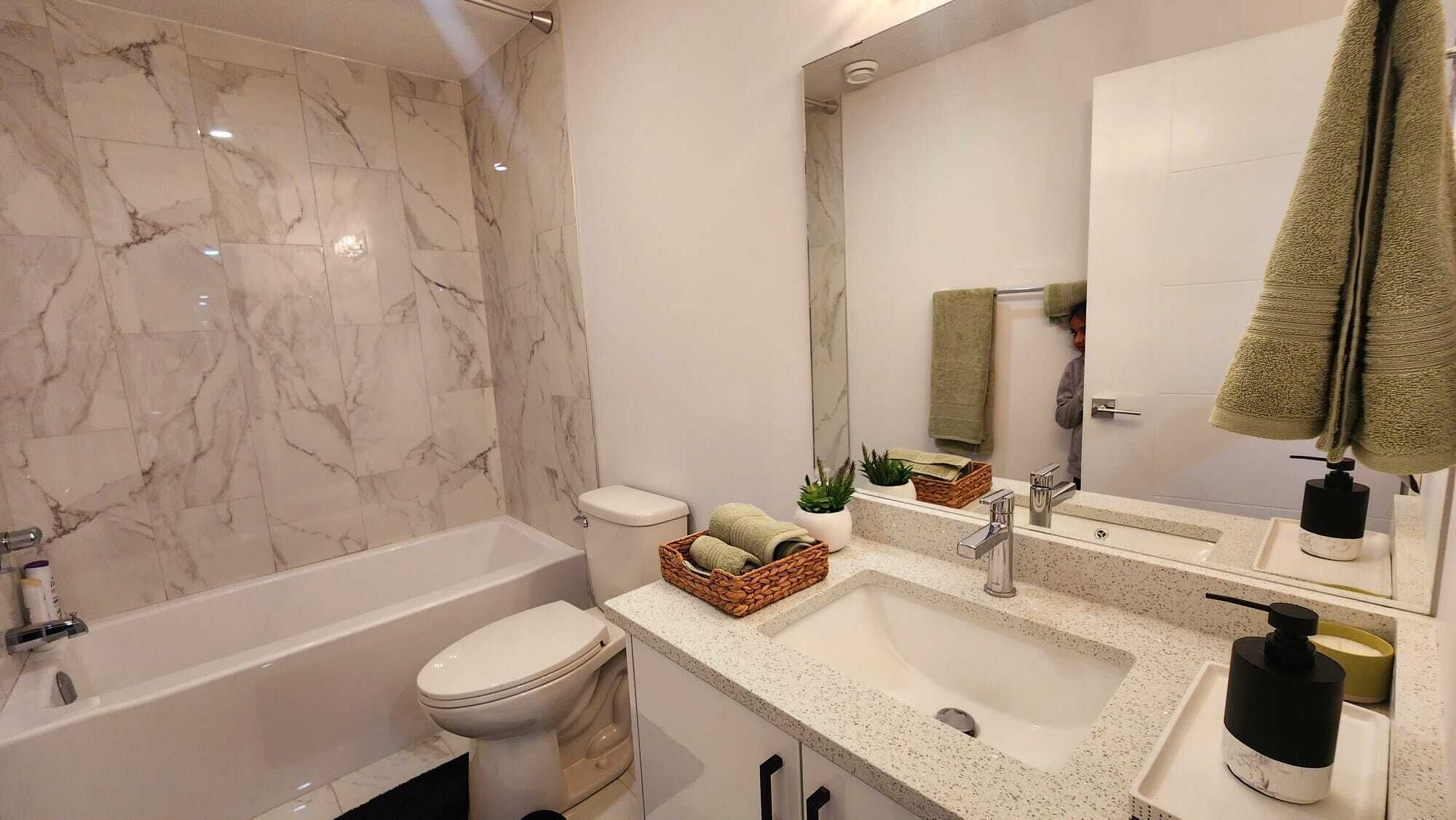 Hair dryer, towels, soap, toilet paper