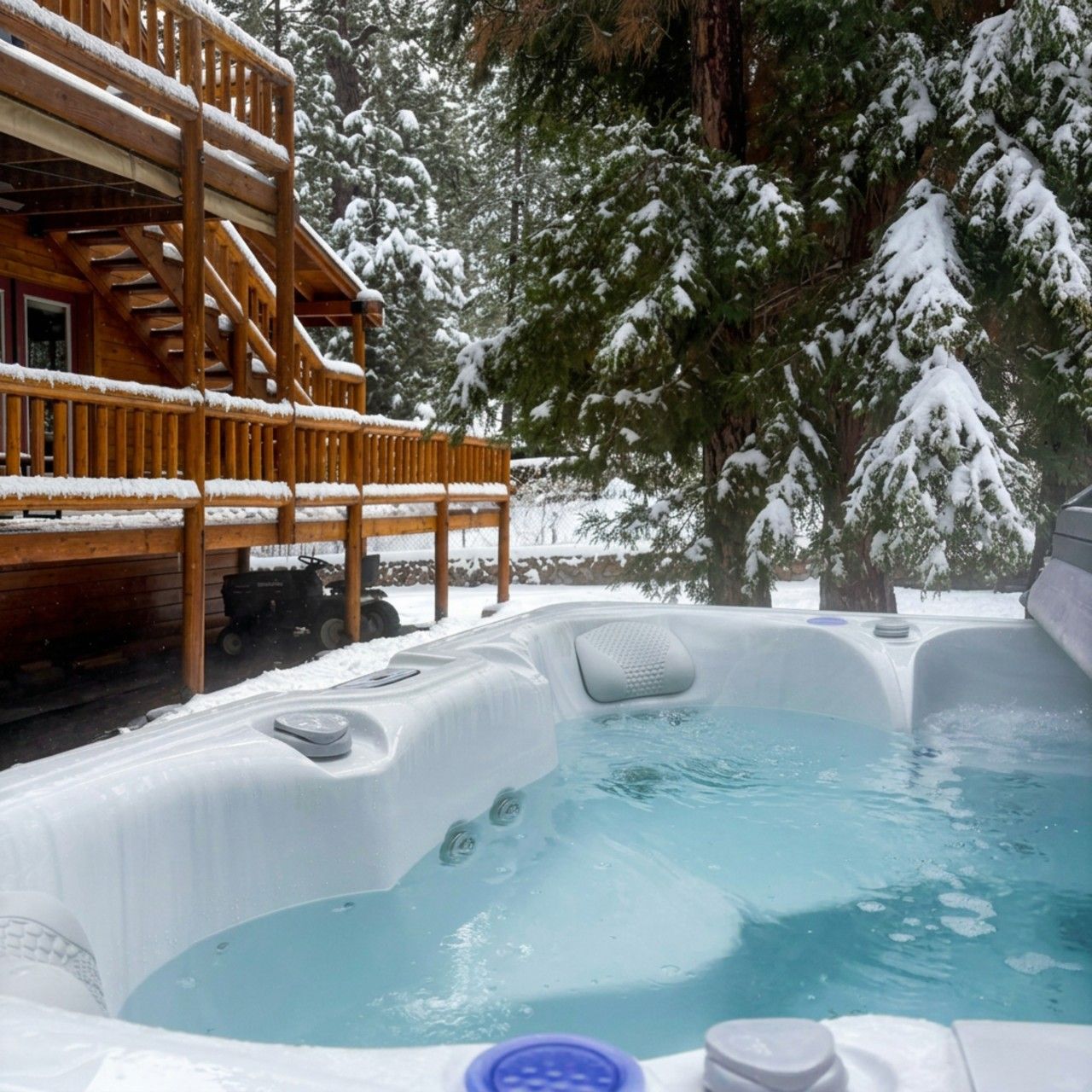A wooden cabin with a hot tub surrounded by snow-covered trees.