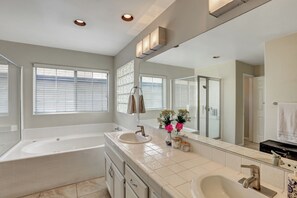 Hair dryer, towels, soap, shampoo