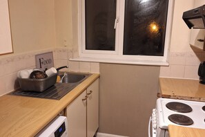 A compact kitchen with a stove, sink, and a window. - Charming Cambridge Apartment With a View (Cambridge)