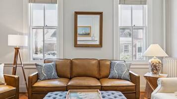 TV, fireplace, books