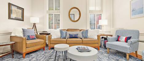 TV, fireplace, books