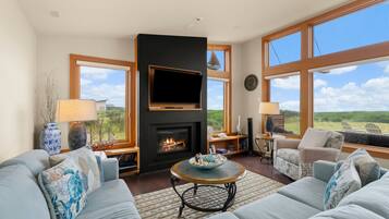 Télévision, cheminée, livres, espaces bureaux