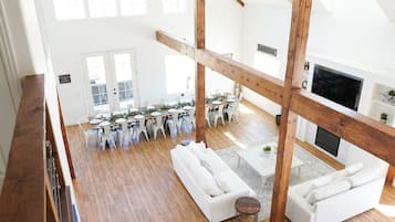 Smart TV, fireplace, video games, foosball