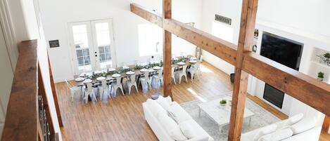 Smart TV, fireplace, video games, foosball