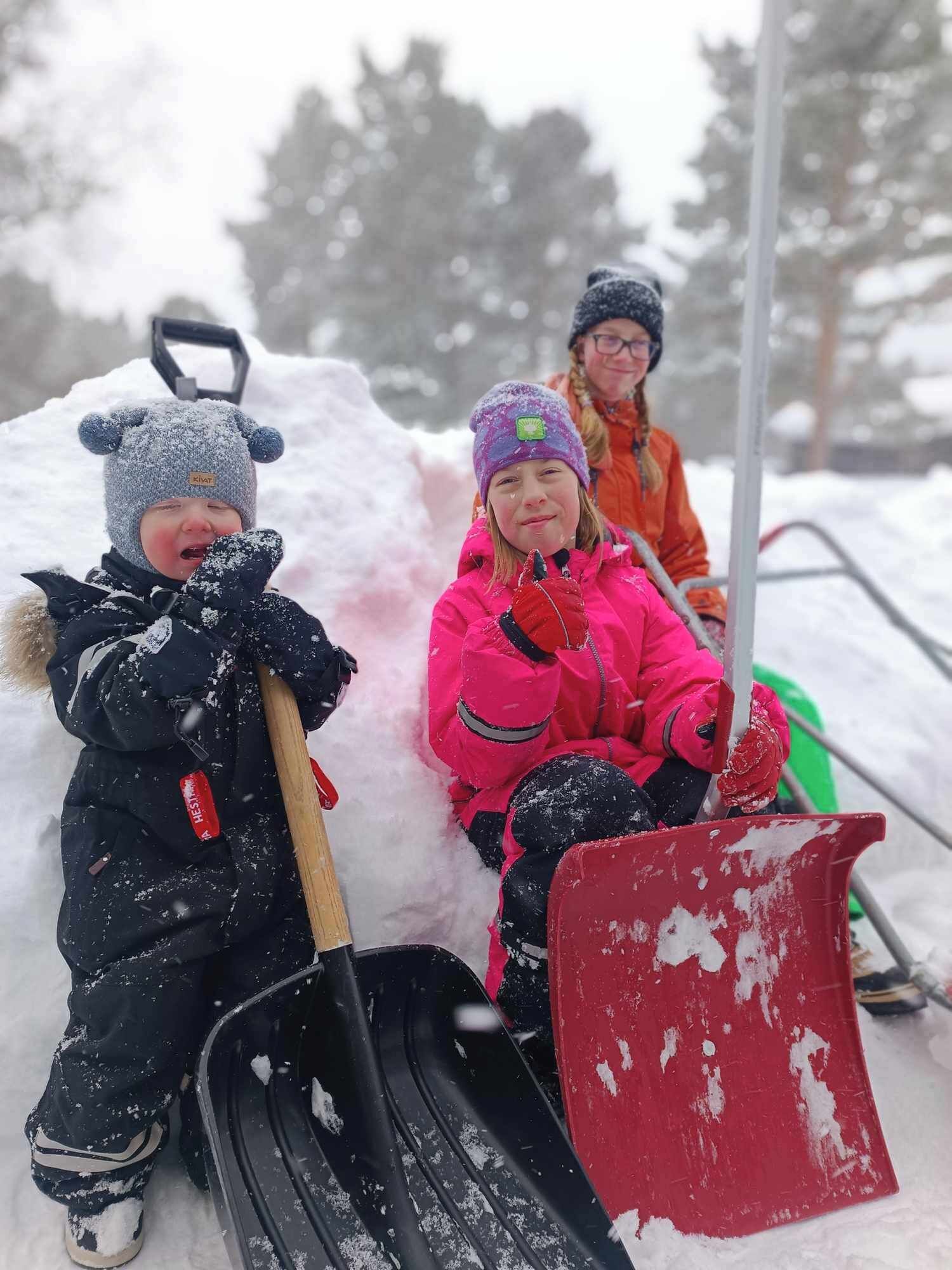 Three children playing in the snow with shovels and a sled.