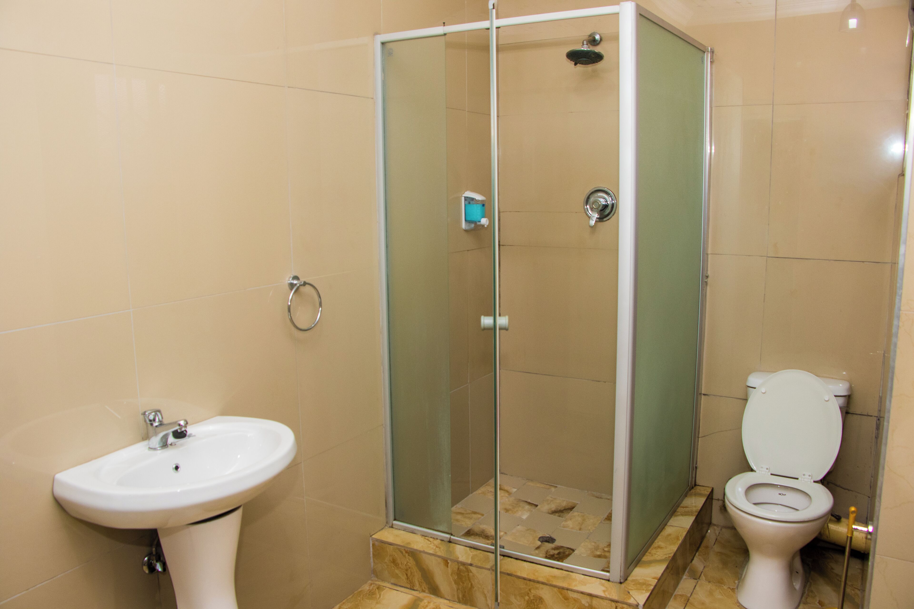 A bathroom with a glass-enclosed shower, a pedestal sink, and a toilet.