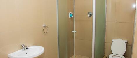 A bathroom with a glass-enclosed shower, a pedestal sink, and a toilet.