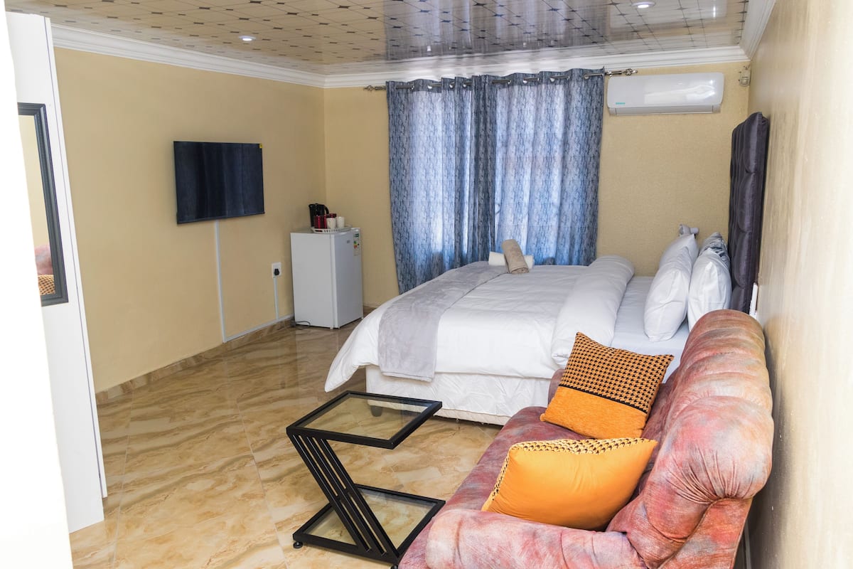 A hotel room with a bed, a sofa, a TV, and an air conditioning unit.