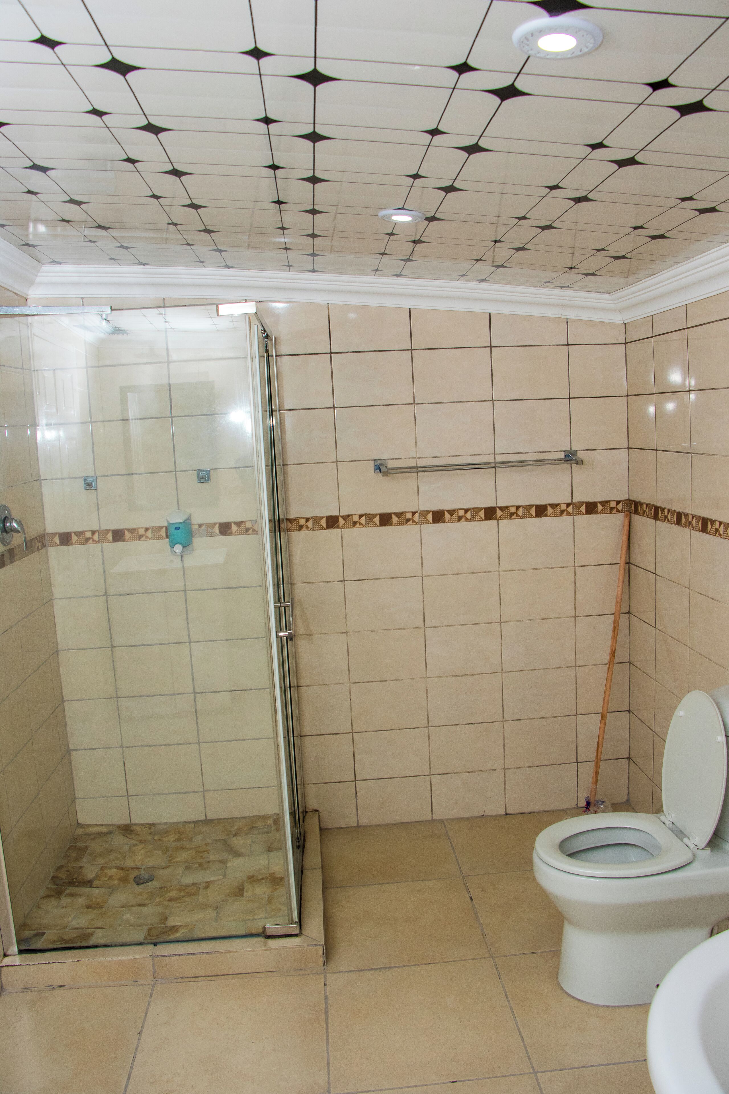 Une salle de bain équipée d’une douche, de toilettes et d’une barre d’appui.