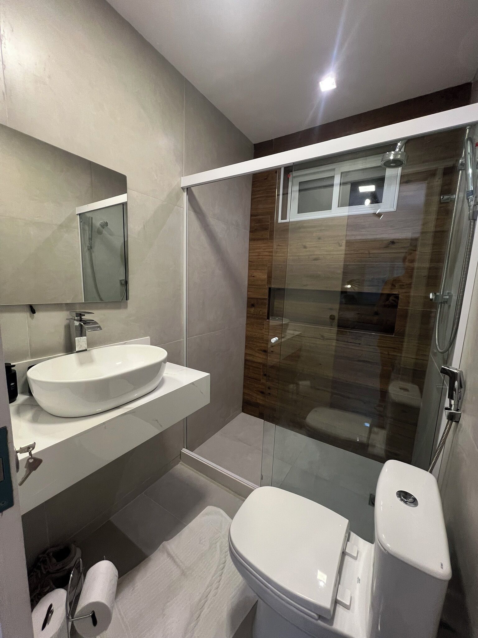 Hair dryer, towels, soap, toilet paper