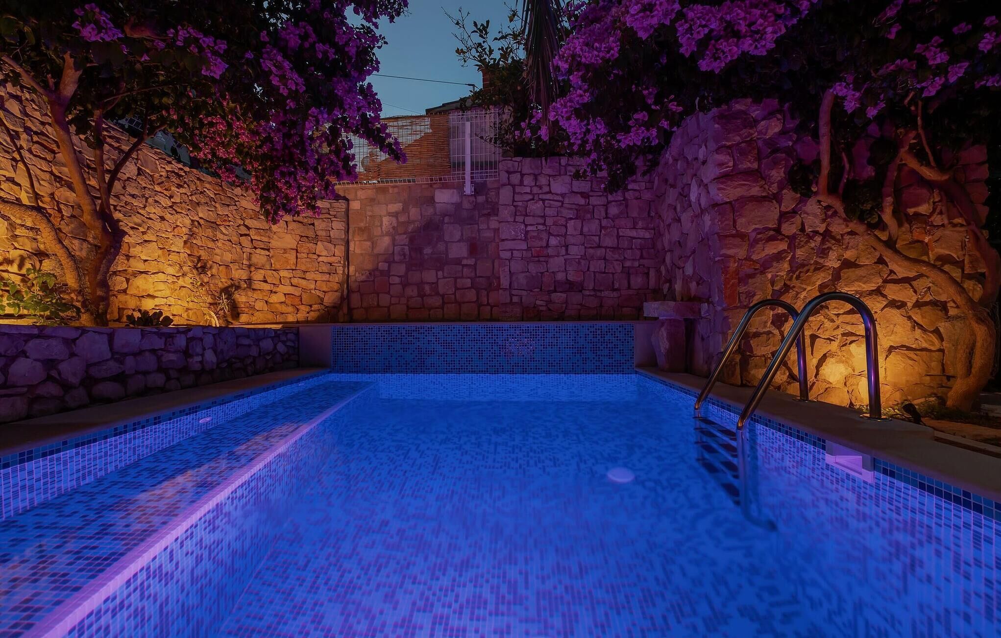 Piscina con paredes de piedra y suelo de baldosas, rodeada de árboles con flores moradas.