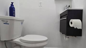 Hair dryer, towels, soap, toilet paper