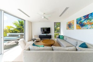 TV - Oceanfront Haven | Luxury Villa w/ Private Pool & Mediterranean Dining (Long Bay Hills)