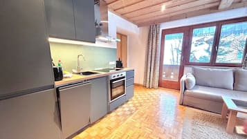 Fridge, stovetop, dishwasher, coffee/tea maker