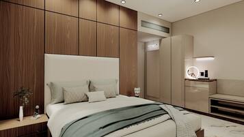 Desk, laptop workspace, blackout drapes, soundproofing