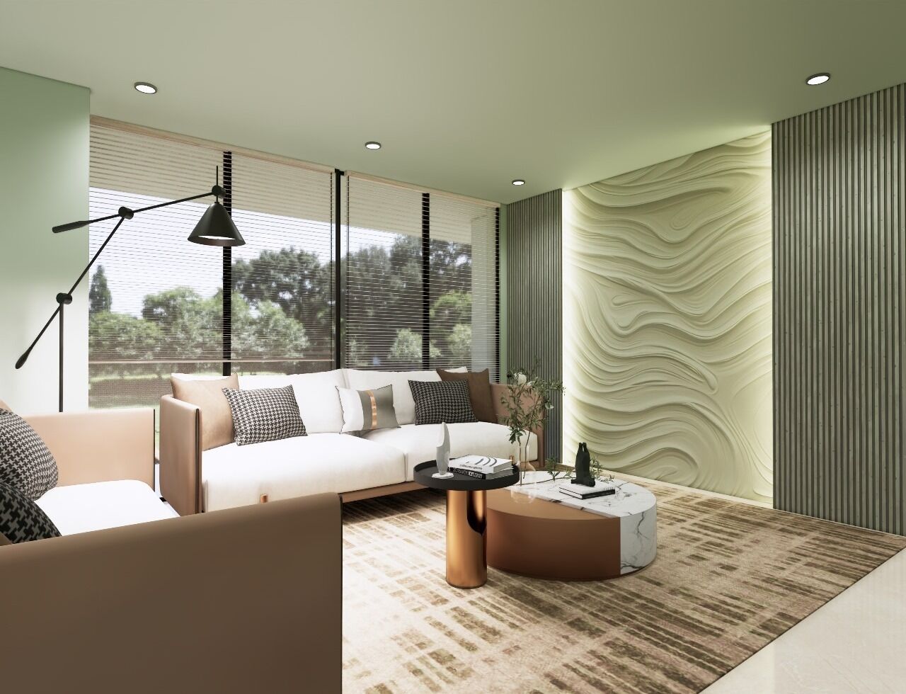Un salon moderne avec un canapé, une table basse et une lampe.